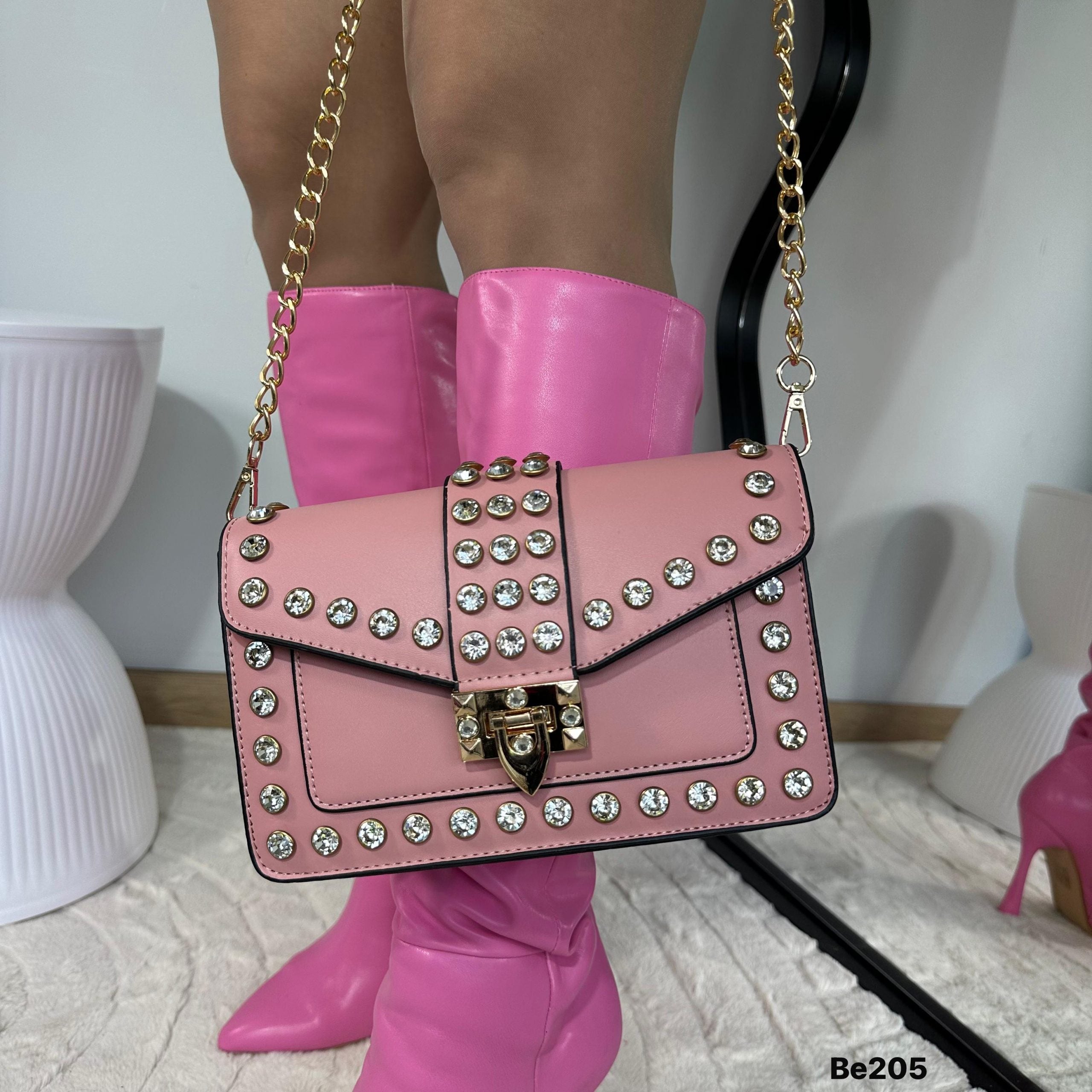 Bolso rosa apliques dorados piedras 20cm* 14cm 696 C-B